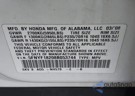 2008 Honda Pilot Vp из США, поврежденный, VIN 5FNYF18208B053744